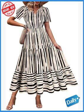 Plus Size Maxi Dress with Pockets - V Neck Short Sleeve Boho Flowy Tiered -